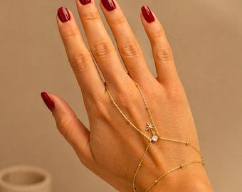 Personalized Gold Hand Chain, Adjustable Slave Bracelet, Boho Ring Bracelet, Gift for Her