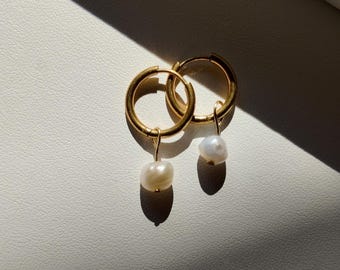 Gold Hoop Earrings, Genuine Freshwater Pearl Dangle, Hypoallergenic
