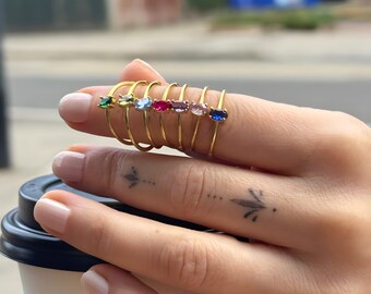 Sterling Silver Gold Plated Birthstone Ring, Dainty Gemstone Jewelry