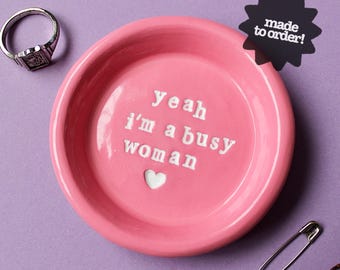 Handmade Pink Clay Ring Dish: Busy Woman, Trinket Decor