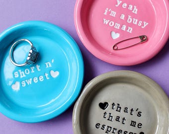 Handmade Clay Ring Dish: Short N’ Sweet, Light Blue Trinket Dish with Stamped Hearts