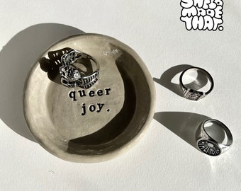 Queer Joy - Handmade Clay Trinket/Ring Dish with Embossed Hand Stamped Letters / LGBTQ+ Decor or Gift Idea