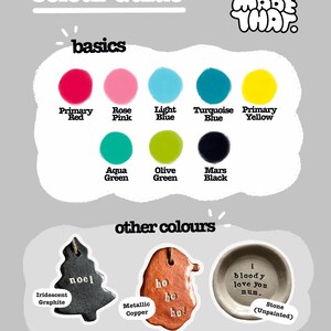 May include: A color guide featuring basic and other colors, including Primary Red, Rose Pink, Light Blue, Turquoise Blue, Primary Yellow, Aqua Green, Olive Green, and Mars Black. The guide also shows Iridescent Graphite, Metallic Copper, and a Stone (Unpainted) item.