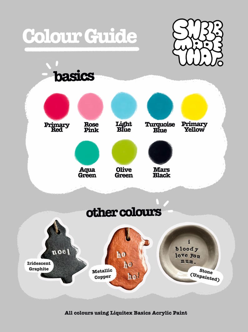 May include: A color guide featuring basic and other colors, including Primary Red, Rose Pink, Light Blue, Turquoise Blue, Primary Yellow, Aqua Green, Olive Green, and Mars Black. The guide also shows Iridescent Graphite, Metallic Copper, and a Stone (Unpainted) item.