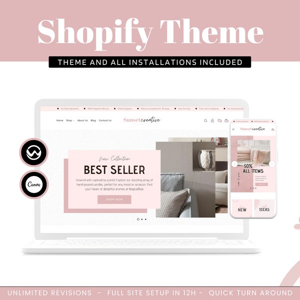 Shopify Theme, Rose Shopify Website Template, Shopify Pink Design, Cute Minimal & Clean Design, Editable Canva Templates, Shopify 2.0 Theme