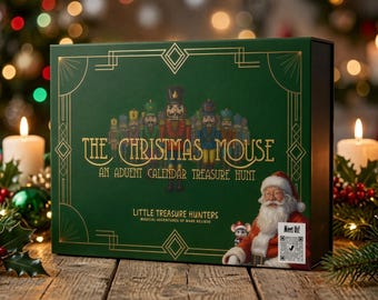 May include: A rectangular green box titled The Christmas Mouse An Advent Calendar Treasure Hunt, featuring gold line art, a row of nutcracker figures, and an illustration of Santa Claus holding a small mouse with a QR code label.