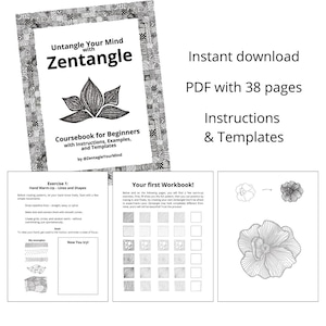 Puede incluir: Una descarga digital en blanco y negro para un curso de Zentangle para principiantes. La portada presenta una flor de loto estilizada y el título "Desenreda tu mente con Zentangle". El curso incluye 38 páginas de instrucciones, ejemplos y plantillas.