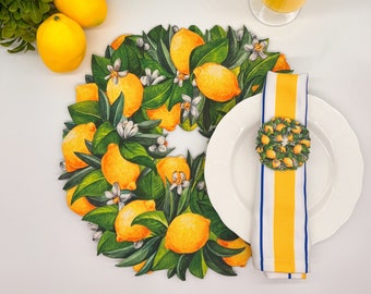 Lemon Tree Placemat Set of 4, Lemon Table Mat Set, Tableware for Summer, Yellow Plate Coaster and Napkin, Leather Straped Lemon napkin ring