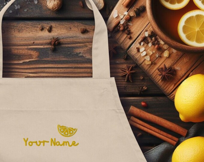 Personalised Embroidered Apron [Lemon] | Organic Cotton | Multiple Designs | Embroidery | Mother’s Day Gift | Birthday Gift | Customisable