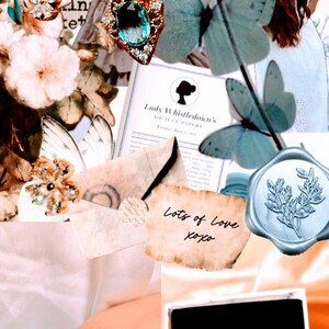 May include: A collage featuring a gold-toned necklace and bracelet with blue-green gemstones and pearl accents. The image includes butterflies, flowers, and a note that says "Lots of Love xoxo". The overall theme is romantic and vintage.