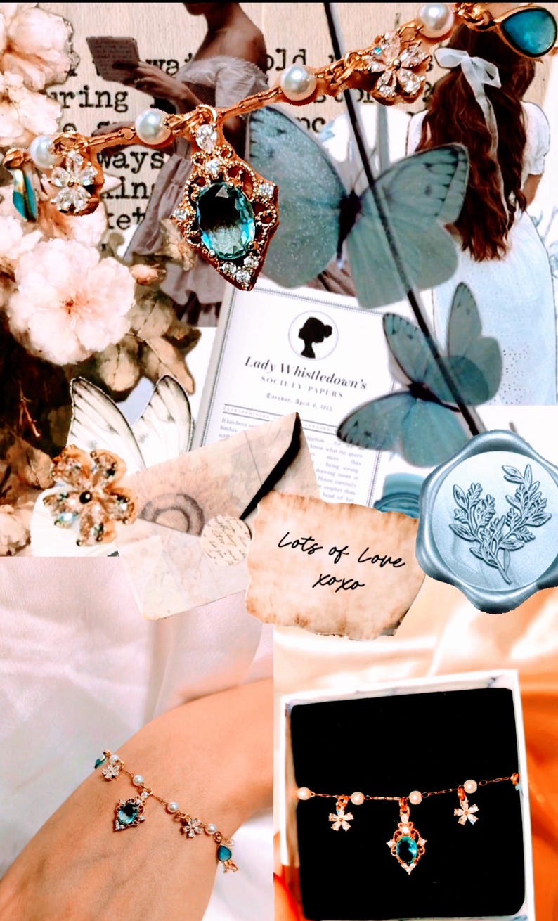 May include: A collage featuring a gold-toned necklace and bracelet with blue-green gemstones and pearl accents. The image includes butterflies, flowers, and a note that says "Lots of Love xoxo". The overall theme is romantic and vintage.