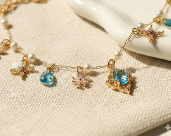 Bridesmaid Gift Bracelet, Gold Pearl Charm Bracelet, Sky-Blue Gemstone, Ethereal Chic Wedding Jewelry