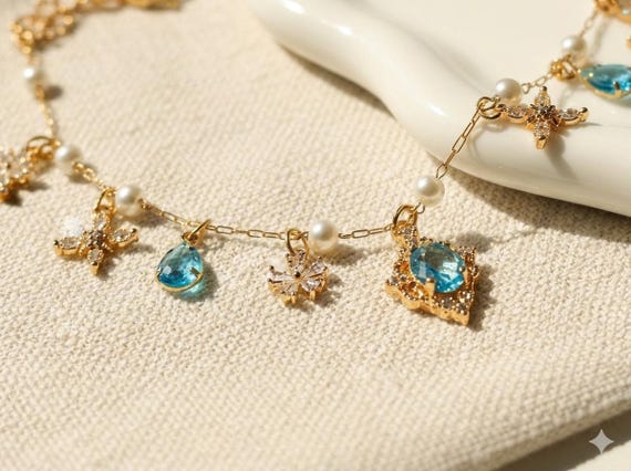 Aquamarine Star Charm Bracelet • Bridgerton Style Crystal & Pearl • March Birthstone
