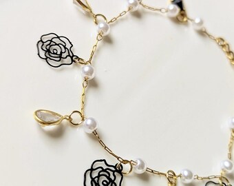 Graduation Gift Bracelet, Black Rose Pearl Charm Bracelet, Gold Chain, Whimsigoth Jewelry