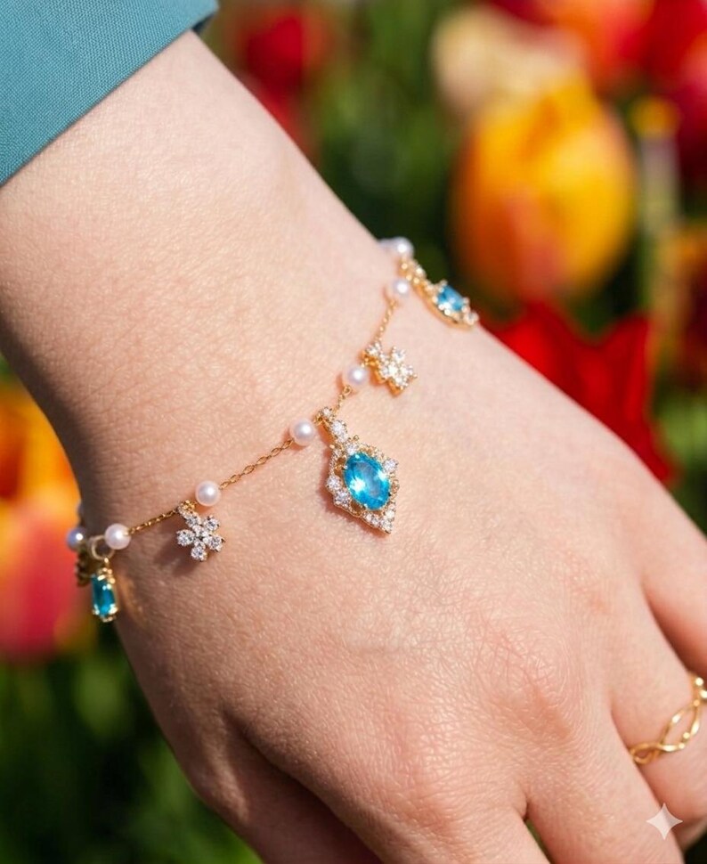 Bridesmaid Gift Bracelet, Gold Pearl Charm Bracelet, Sky-Blue Gemstone, Ethereal Chic Wedding Jewelry image 2