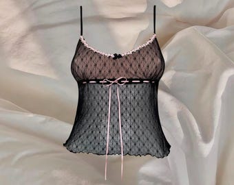Vive Maria Cami Crop Top Nero Rosa Rete Y2K Carino Softgirl Coquette Cottage Goth Alternativo Trasparente Motivo Floreale Pizzo Rose Fiocco