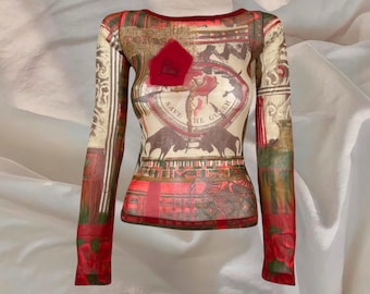 Save The Queen Longsleeve Mesh Top Blouse Y2K Grunge Goth Alternative Cyber Iconic Gorpcore Red 00s Vintage Aesthetic