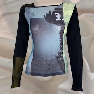 Cop Copine Longsleeve Top Blouse Green Abstract Futurtisic Cyber Graphic Print Grunge Alternative Gorpcore Black Gray Y2K 00s Vintage