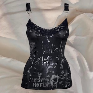 Morgan De Toi Black Cami Top Goth Camisole Grunge Y2K Graphic Print 00s Vintage 2000s Aesthetic