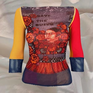 Save The Queen Mesh Blouse Y2K Top Colorful Red Yellow Vacation Italy Summer Graphic Print 00s Vintage 2000s Aesthetic