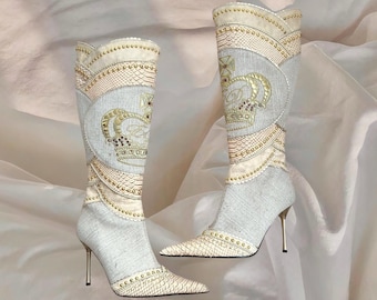 El Dantes leren laarzen puntige iconische crème witgoud hoge hakken cowboy cowgirl puntschoen Goth glamour designer Y2K 00s vintage jaren 2000