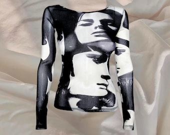 Vintage Mesh Top Longsleeve Bluse Schwarzweiße Gesichter Digital Print futuristisch y2k Grunge 00s 2000s
