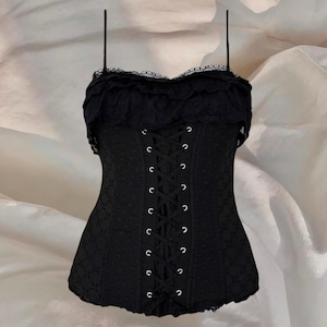 Morgan De Toi Black Corset Top Glam Coquette Cottage Cute Softgirl Goth Whimsygoth Gothic Alternative Cyber Rare Y2K 00s Vintage