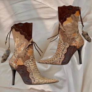 El Dantes Boots Faux Fur Suede Brown Leather Cowboy Point Toe Animal Patches Glam Designer Iconic Y2K 00s Vintage 2000s Aesthetic