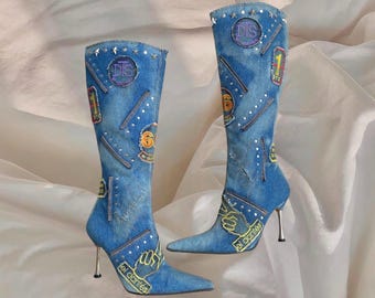 El Dantes Niebieskie Dżinsy Wysokie Obcasy Buty Spiczaste Kowbojki Kowbojki Szpiczaste Noski Gotyckie Glam Designerskie Łaty Y2K 00s Vintage Lata 2000 Estetyczne Kultowe