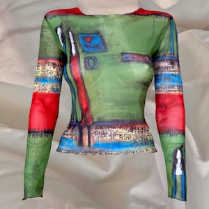 Aventures Des Toiles Longsleeve Blouse Top Red Green Abstract Futurtisic Cyber Alternative Graphic Print Y2K Top Grunge 00s Vintage 2000s