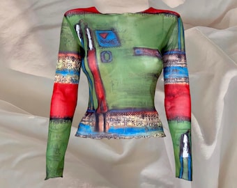 Aventures Des Toiles blousetop met lange mouwen rood groen abstract futuristisch cyber alternatieve grafische print Y2K top grunge jaren 00 vintage jaren 2000