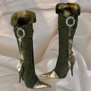 El Dantes Pointy Boots Point Toe Leather High Heels Khaki Green Suede   Goth Glam Designer Y2K 00s Vintage 2000s Aesthetic
