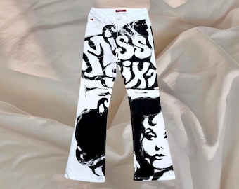 Miss Sixty Pants Schlaghose Schlaghose Archiv Schwarz Weiß Cyber Faded Grafik Print Gesicht Frau Hose Y2K Rave Punk Grunge Goth