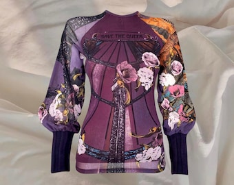 Save The Queen Langarm Netz Top Grunge Bluse Puff Ärmel Lila Blumen Y2K 00s Vintage
