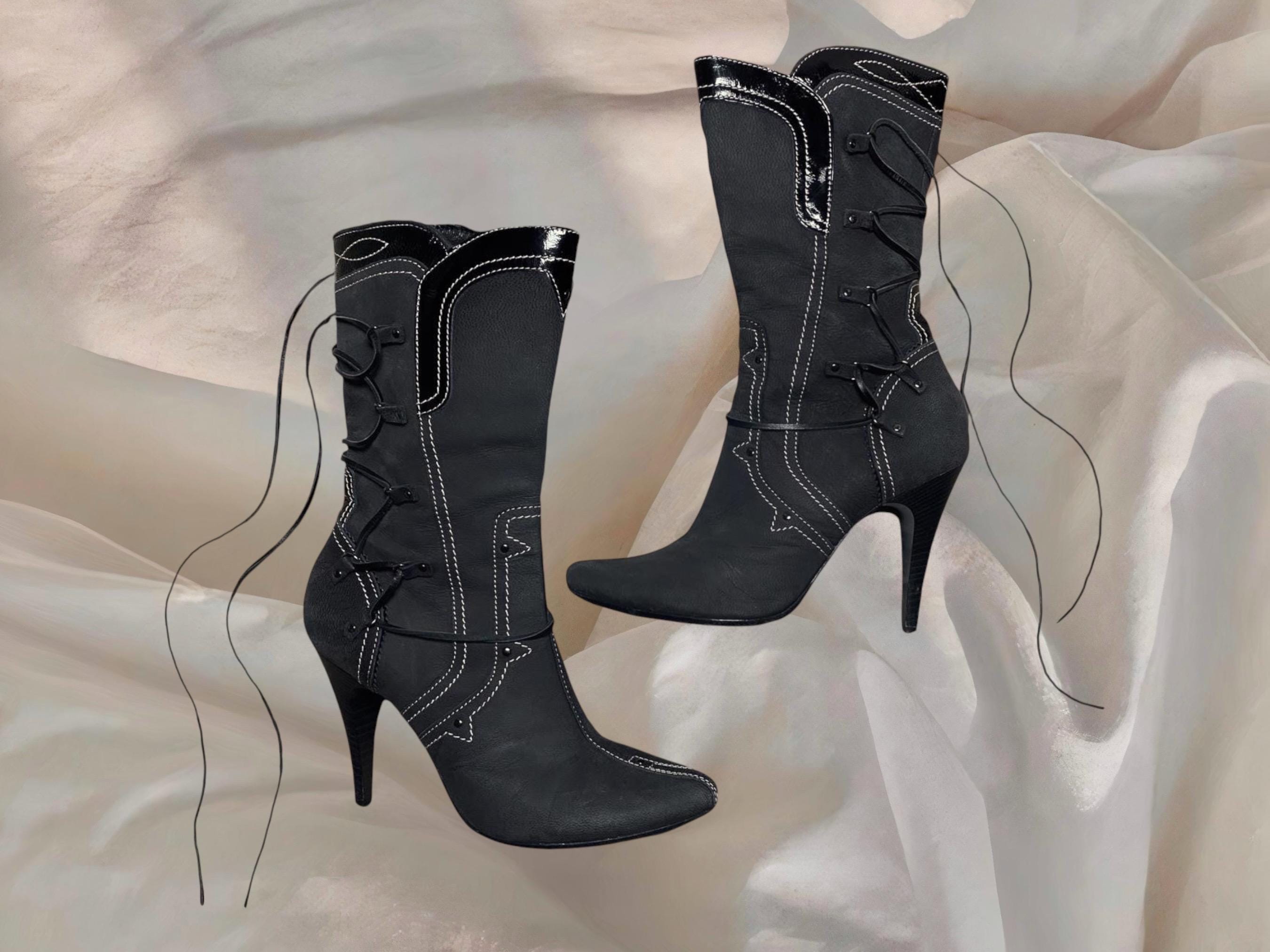 Diesel Boots Lace up Gray Leather Heels Y2K Grunge Archive