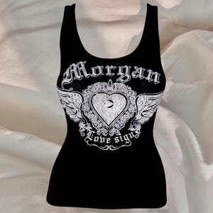 Morgan De Toi Black Tank Top Y2K Grunge Gorpcore Alternative Goth Cyber Graphic Print Subversive 00s Vintage 2000s Aesthetic Heart Logo
