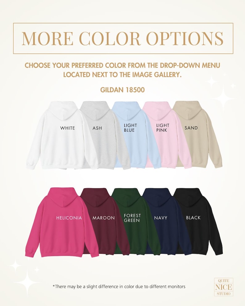 May include: A selection of Gildan 18500 hooded sweatshirts in various colors, including white, ash, light blue, light pink, sand, heliconia, maroon, forest green, navy, and black. The text "Gildan 18500" is displayed above the sweatshirts.