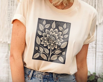 Wildflower Cottagecore Floral Shirt With Black Botanical Print On Neutral T-Shirt Flower Tee, Cottagecore, Minimalist Floral Tshirt, Matisse