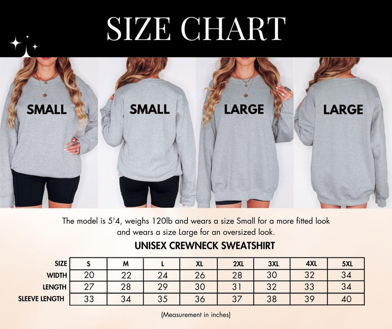 Puede incluir: Tabla de tallas para una sudadera con cuello redondo unisex. La tabla muestra las medidas en pulgadas para el ancho, la longitud y la longitud de la manga para las tallas S a 5XL.