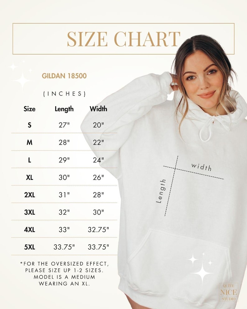 May include: Size chart for a Gildan 18500 hoodie, showing measurements in inches for sizes S through 5XL. The chart includes length and width measurements. *FOR THE OVERSIZED EFFECT, PLEASE SIZE UP 1-2 SIZES. MODEL IS A MEDIUM WEARING AN XL.*