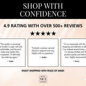 Puede incluir: Un gr&aacute;fico con una calificaci&oacute;n de 4,9 estrellas y m&aacute;s de 500 rese&ntilde;as. El texto "Shop with Confidence" est&aacute; en la parte superior del gr&aacute;fico. Se muestran tres rese&ntilde;as de clientes con citas sobre la calidad del producto y el servicio al cliente. El texto "Enjoy shopping with peace of mind!" est&aacute; en la parte inferior del gr&aacute;fico. El logotipo "Quite Nice Studio" est&aacute; debajo del texto.