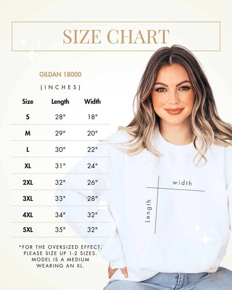 May include: Size chart for Gildan 18000 sweatshirts in inches. The chart shows the length and width measurements for sizes S through 5XL.  *For the oversized effect, please size up 1-2 sizes. Model is a medium wearing an XL.*