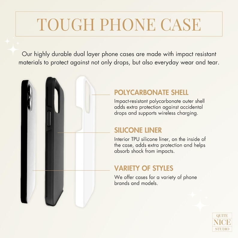 May include: A tough phone case with a black outer shell and a white inner shell. The case is made of impact-resistant polycarbonate and has a silicone liner to absorb shock. The text "TOUGH PHONE CASE" is at the top of the image.