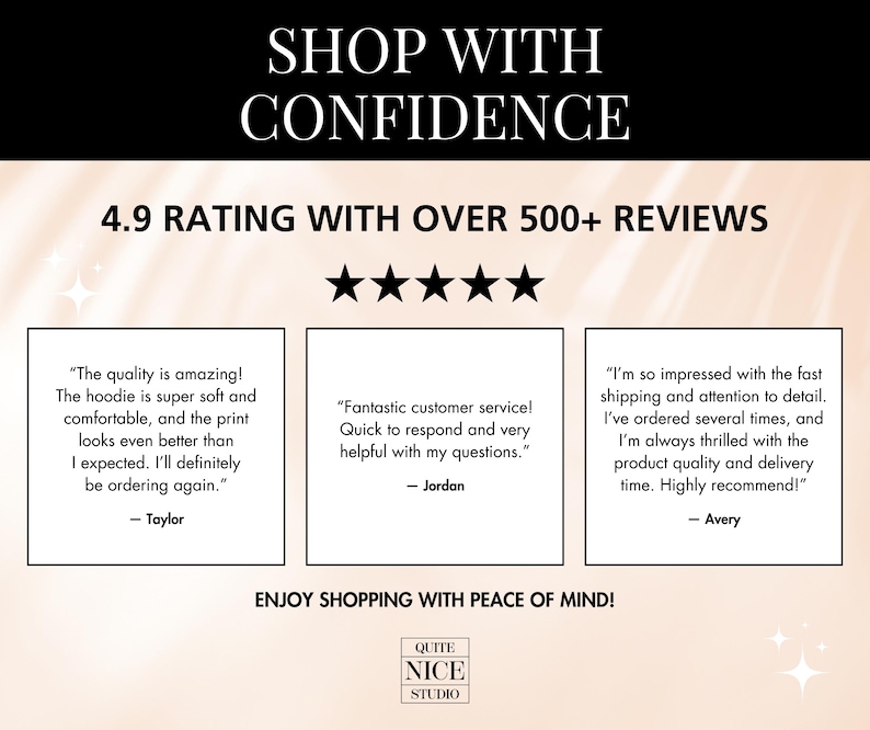 Pu&ograve; includere: Una grafica con un punteggio di 4,9 e oltre 500+ recensioni. La grafica presenta cinque stelle e tre recensioni dei clienti. Le recensioni evidenziano la qualit&agrave; del prodotto, il servizio clienti e la rapidit&agrave; di spedizione. La grafica include anche il testo "Acquista con fiducia" e "Goditi lo shopping con serenit&agrave;!"