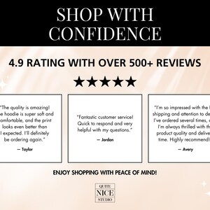 Puede incluir: Un gr&aacute;fico con una calificaci&oacute;n de 4,9 estrellas y m&aacute;s de 500 rese&ntilde;as. El texto "Shop with Confidence" est&aacute; en la parte superior del gr&aacute;fico. Se muestran tres rese&ntilde;as de clientes con citas sobre la calidad del producto y el servicio al cliente. El texto "Enjoy Shopping with Peace of Mind!" est&aacute; en la parte inferior del gr&aacute;fico. El logotipo "Quite Nice Studio" est&aacute; debajo del texto.