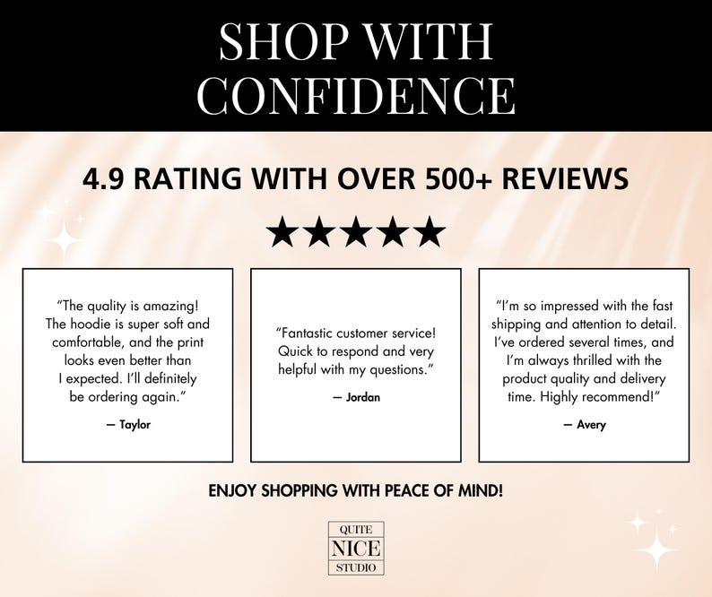 Puede incluir: Un gr&aacute;fico con una calificaci&oacute;n de 4,9 estrellas y m&aacute;s de 500 rese&ntilde;as. El texto "Shop with Confidence" est&aacute; en la parte superior del gr&aacute;fico. Se muestran tres rese&ntilde;as de clientes con citas sobre la calidad del producto y el servicio al cliente. El texto "Enjoy Shopping with Peace of Mind!" est&aacute; en la parte inferior del gr&aacute;fico. El logotipo "Quite Nice Studio" est&aacute; debajo del texto.