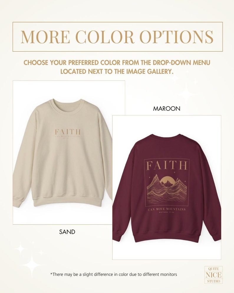 May include: Two sweatshirts with the word "FAITH" printed on them. One sweatshirt is sand colored and the other is maroon. The maroon sweatshirt has a mountain range graphic with the text "CAN MOVE MOUNTAINS" underneath.