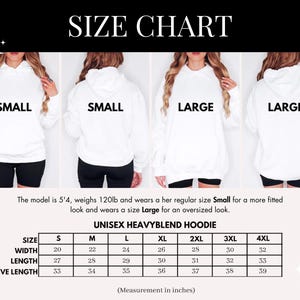 Pu&ograve; includere: Tabella delle taglie per una felpa con cappuccio unisex in misto pesante. La tabella mostra le misure in pollici per larghezza, lunghezza e lunghezza della manica per le taglie dalla S alla 4XL.