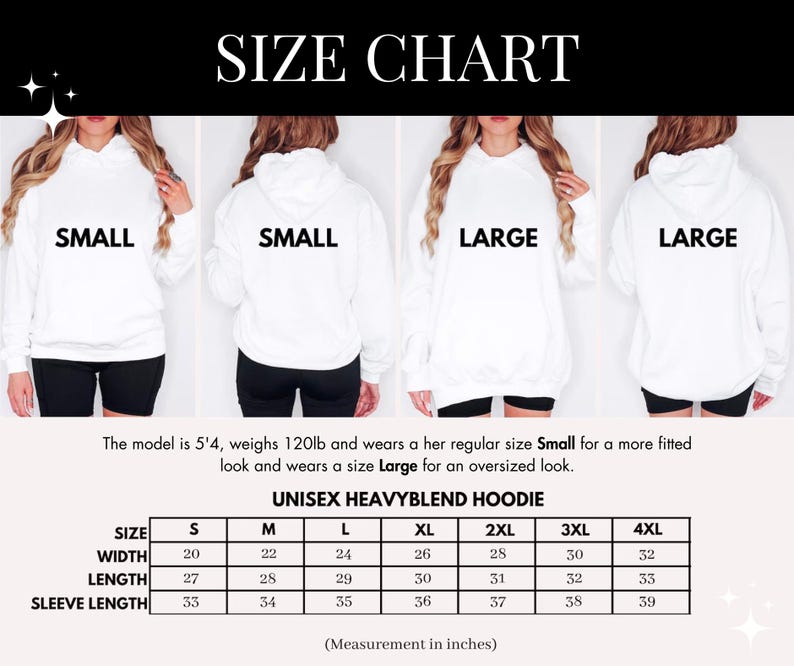 Pu&ograve; includere: Tabella delle taglie per una felpa con cappuccio unisex in misto pesante. La tabella mostra le misure in pollici per larghezza, lunghezza e lunghezza della manica per le taglie dalla S alla 4XL.