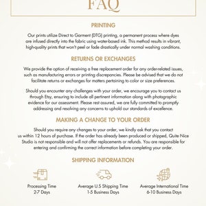 May include: FAQ page with information about printing, returns, exchanges, and shipping for a clothing company called Quite Nice Studio. The page includes details about processing time, average U.S. shipping time, and average international shipping time.